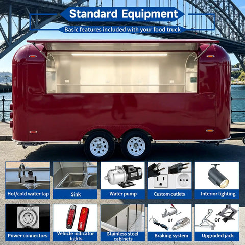 Standard equipment features of Ready To Roll 16 Foot Red Stainless Steel Food Trailer With Dot Certified Mobile Kitchen Setup.