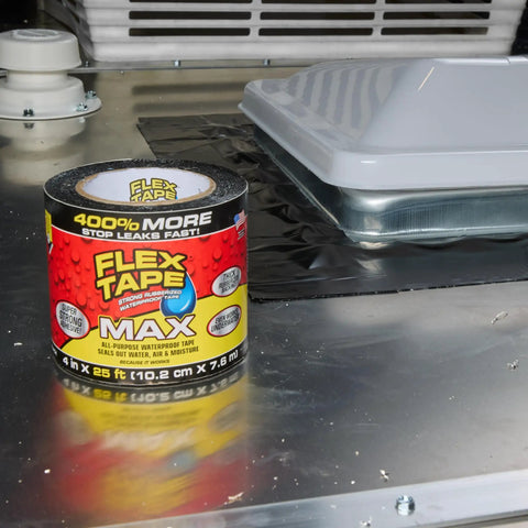 Roll of heavy duty rubberized waterproof tape for patching leaks on metal surface, 4 in by 25 ft, Flex Tape shown prominently