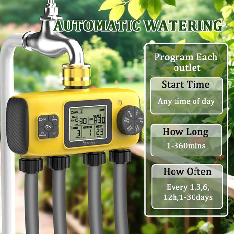 Smart Four Zone Garden Hose Timer With Four Independent Outlets Brass Inlet Rain Delay And Manual Or Automatic Irrigation Controller