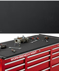 Heavy Duty Workbench Mat 60 By 24 Inches 5mm Thick EVA Rubber Surface Protector on red tool cabinet in workshop