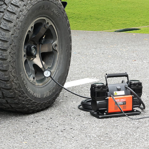 Beefed Up Dual Cylinder Tire Inflator With Heavy Duty Air Compressor 150 PSI 10.6 CFM inflating truck tire