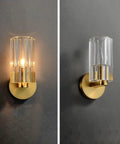Super Sleek Modern Copper Brass Wall Sconce With Geometric Cylindrical Glass Shade For Bedroom Bedside And Living Room E14 Compatible Accent Lamp with warm glow.