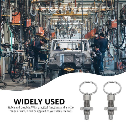 Rock Solid Stainless Steel Spring Loaded Pull Ring Indexing Plunger Knobs Pair Heavy Duty Retractable Locating Pins For Industrial Gear And Precision Tools in workshop setting.