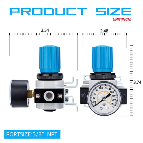 Three Eighths Inch NPT High Pressure Air Regulator With Steel Guarded Gauge, 116 SCFM At 230 PSI, Heavy Duty Build, size diagram