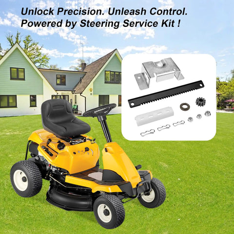 CR12 Steering Service Kit Pinion Rack For Cub Cadet CC30 Lawn Tractor shown with mower and kit parts