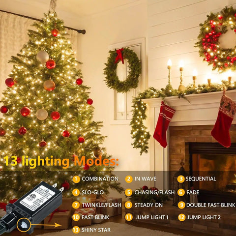 Connectable 200 LED String Lights Indoor Outdoor with Timer, 66ft Warm White Fairy Lights on Christmas tree in cozy room
