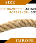 Natural Jute Rope 1.5 Inch Diameter 50 Feet Long Four Strand Heavy Duty For DIY Arts Crafts Garden Home Decor Hammock And Tug Of War Eco Friendly Plant Fiber