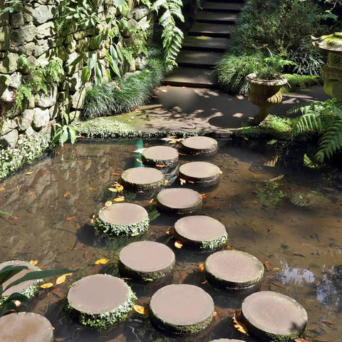 Circular DIY Garden Path Paving Mold 13.58 Inch Reusable Concrete Stepping Stone Form for garden walkway over water feature.