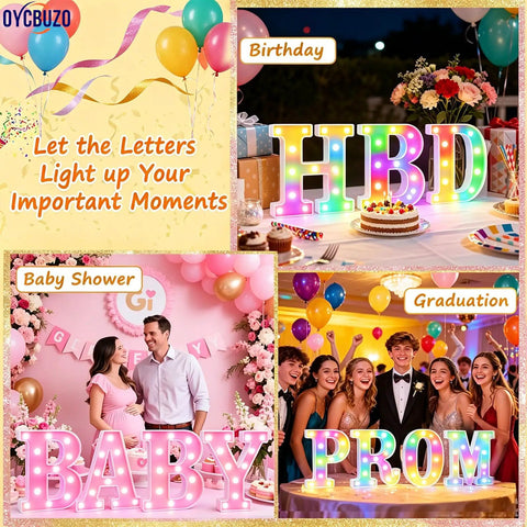 Colorful LED Marquee Letter Lights With Remote 18 Color Changing RGB Alphabet Signs For Parties And Events, used for birthday, baby shower, graduation decor.