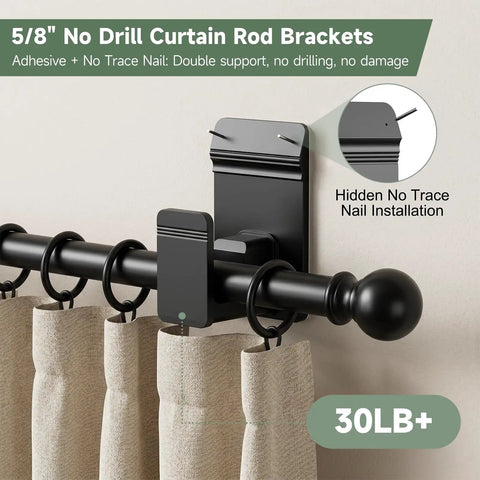 Zero Drama No Drill Curtain Rod Brackets For Five Eighth Inch Rods Heavy Duty 30 Pound Adhesive And Nails Damage Free Wall Mount Holders Easy Room Refresh For Kitchen Bathroom Or Bedroom Eight Piece Black Set