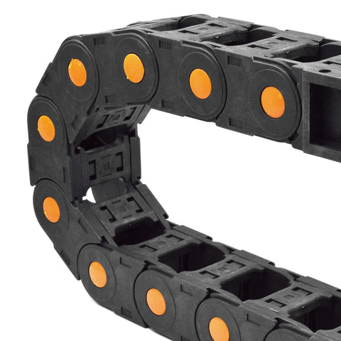 Close-up of Open Type Drag Chain Cable Carrier With End Connectors R75 35x50mm, L1000mm Length, showing heavy-duty construction