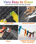 Heavy Duty Waterproof Dog Car Seat Cover Hammock With Side Flaps shown with cleaning methods: wiping, vacuuming, rinsing, drying