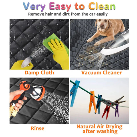 Heavy Duty Waterproof Dog Car Seat Cover Hammock With Side Flaps shown with cleaning methods: wiping, vacuuming, rinsing, drying