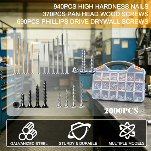 DIY Fastener Kit With Storage Box, 2000 Plus Pieces Galvanized Carbon Steel Nails, Wood Screws, And Sheet Metal Screws For Home Projects