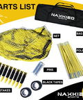Components of upgraded 22x12x8 baseball and softball batting cage net with pitching machine hole and bag
