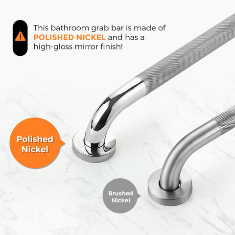 Angled Shower Grab Bar 1-1/4 By 16 Inch Knurled Stainless Steel Safety Bar For Seniors And Handicap Bathrooms Wall Mount With Polished Nickel Finish And 15 Inch Hole Center, showing polished finish.