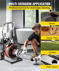 Heavy Duty Electric Drain Auger With One Hundred Foot Steel Core Snake For Two To Four Inch Pipes Five Hundred Watt Motor And High Speed Drain Cleaner Machine That Kicks Out Wicked Sink Clogs Real Quick in bathroom cleaning a drain.