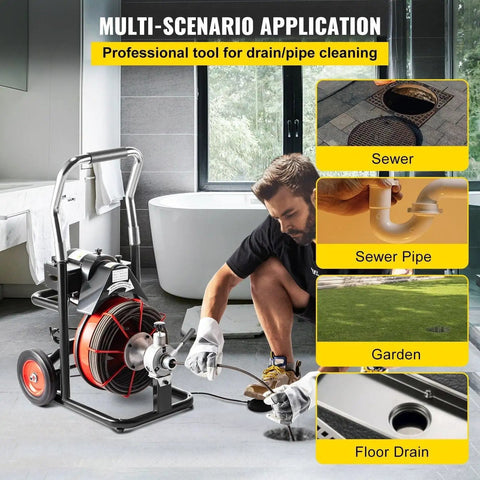 Heavy Duty Electric Drain Auger With One Hundred Foot Steel Core Snake For Two To Four Inch Pipes Five Hundred Watt Motor And High Speed Drain Cleaner Machine That Kicks Out Wicked Sink Clogs Real Quick in bathroom cleaning a drain.