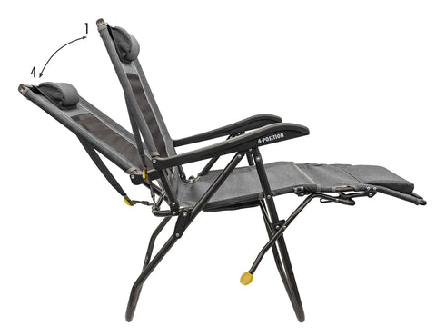 Legz Up Folding Outdoor Lounger with adjustable recline and leg elevation, showing side view with adjustable positions.