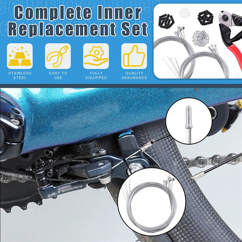 DIY Ready Pro Grade Bicycle Repair Kit with 6 brake cables, 6 shift cables and stainless steel wire cutter displayed on blue bike
