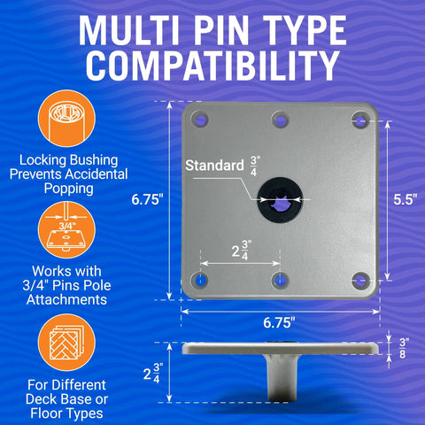 Boat Seat Pedestal Base Plate 7x7 Aluminum Seat Mount For Jon Boats And Fishing Boats side view, multi pin compatibility