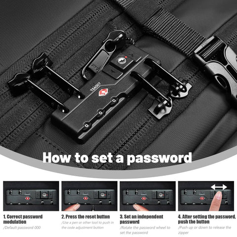Close-up of black 21-inch carry-on luggage with TSA-style lock and zipper pulls.