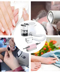 Straight Up Professional 2 In 1 Electric Nail Vacuum Cleaner And Drill Machine Kit, 30000 RPM showing nail care process and products.