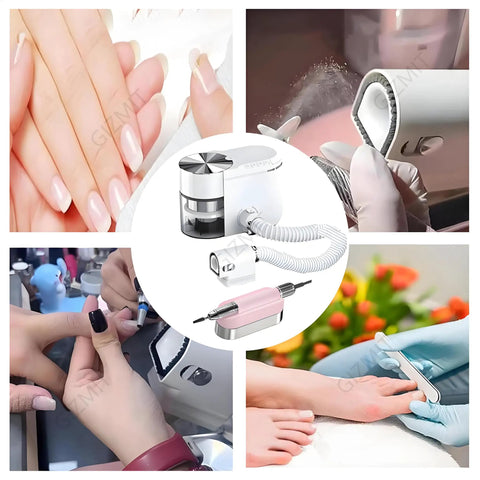 Straight Up Professional 2 In 1 Electric Nail Vacuum Cleaner And Drill Machine Kit, 30000 RPM showing nail care process and products.