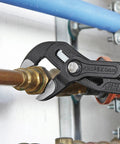 Cobra Pliers Set 7 10 And 12 Inch gripping copper pipe with non-slip handles and box joint design for stability and safer grips
