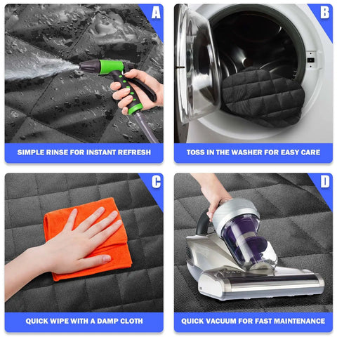Dog Car Seat Cover For Back Seat 60 40 Split Bench, Waterproof Oxford Fabric, cleaning instructions with hose, washing machine, cloth, vacuum