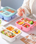Person using Kids Bento Box Set 4 Pack With 3 Compartments For Meal Prep, Reusable Lunch Containers With Lids, Wheat Straw