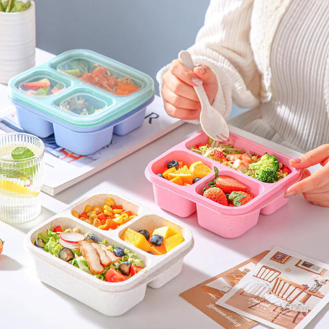 Person using Kids Bento Box Set 4 Pack With 3 Compartments For Meal Prep, Reusable Lunch Containers With Lids, Wheat Straw