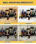 Wall Mount Screwdriver And Tool Organizer With Cleaning Towel, Heavy Duty Metal Holder For Pliers, Hammers, Wrenches, Sockets And More mounted on wood, pegboard, brick, and concrete walls.
