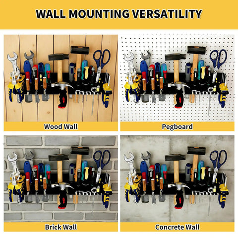 Wall Mount Screwdriver And Tool Organizer With Cleaning Towel, Heavy Duty Metal Holder For Pliers, Hammers, Wrenches, Sockets And More mounted on wood, pegboard, brick, and concrete walls.