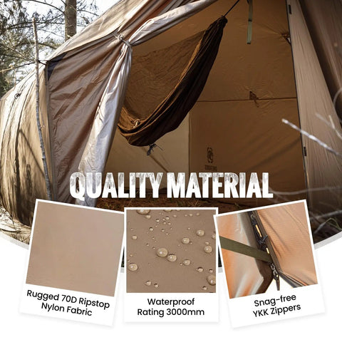 Hammock Hot Tent With Stove Jack For Winter Camping, showcasing interior hammock, quality 70D ripstop nylon, 3000mm waterproof fabric.
