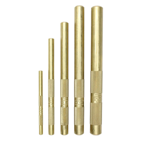 Brass Drift Punch Set 5 Piece With Sizes 1/4x4, 3/8x6, 1/2x7, 5/8x8, 3/4x8 Non Marring Non Sparking USA Made displayed vertically