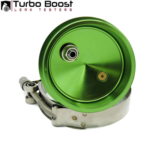 Front view of green 4-inch billet aluminum Turbo Boost Leak Tester with tire and 1/4 inch air fittings.