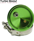 Turbo Boost Leak Tester kit, green anodized aluminum pressure disk with hose clamp, front view