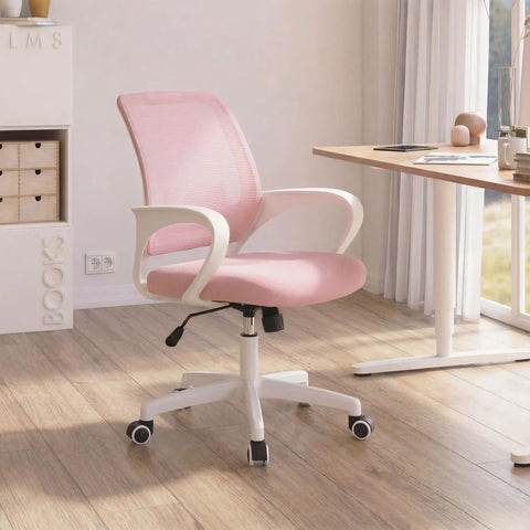 Pastel Pink Ergonomic Mesh Office Chair With Lumbar Support, Adjustable Height, Swivel Rolling Wheels, Breathable Back, Soft Feel Seat