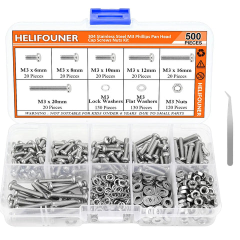 M3 Metric Phillips Pan Head Machine Screws Kit In Six Sizes 6mm 8mm 10mm 12mm 16mm 20mm With Hex Nuts Lock Washers Flat Washers 304 Stainless Steel For DIY Projects Built Tough shown in a transparent box with label.