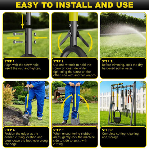 Illustrated steps for using Beast Lawn Edger With Double V Shaped Serrated Blade And Rubber T Grip 40 Inch Edging Shovel for maintenance.