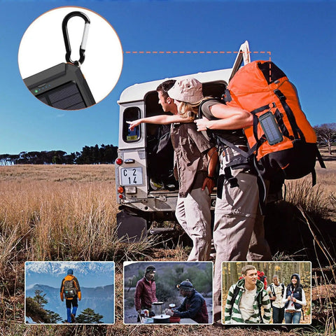 Rugged 38800mAh Solar Power Bank With Type C Output Waterproof Outdoor Backup Charger attached to backpack in camping scene