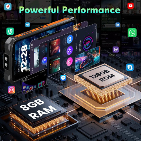 Ultra Rugged Unlocked Android 15 Powerhouse Packed With Massive 10000mAh Battery And Kickass 128dB Speaker Ironclad Waterproof Cellphone Featuring 50MP Camera Dual Sim Ready Plus Built In Flashlight For Weekend Getaways showcasing 8GB RAM and 128GB ROM on a tech circuit.
