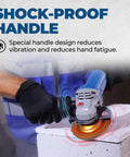 Shock-proof handle of the 4-1/2-Inch Corded Angle Grinder 1100W 11800RPM Pure Copper Motor in use for stability and comfort.