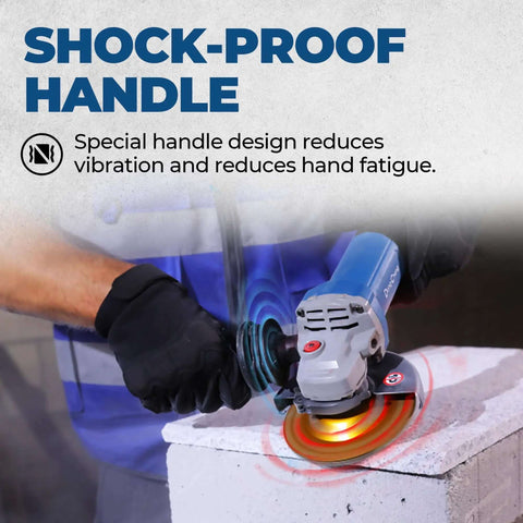 Shock-proof handle of the 4-1/2-Inch Corded Angle Grinder 1100W 11800RPM Pure Copper Motor in use for stability and comfort.