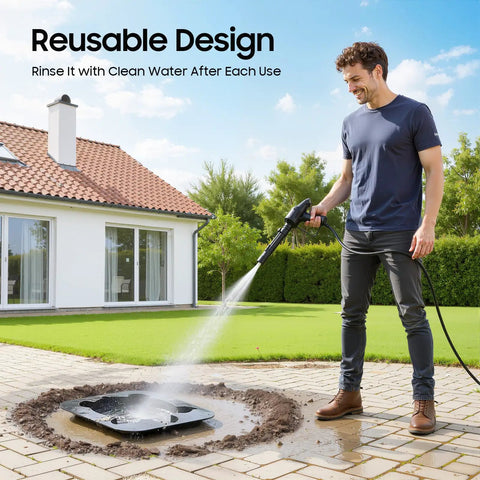 Man using hose to clean Reusable Turtle Shaped Concrete Stepping Stone Mold For DIY Garden Pathways And Walkways in backyard