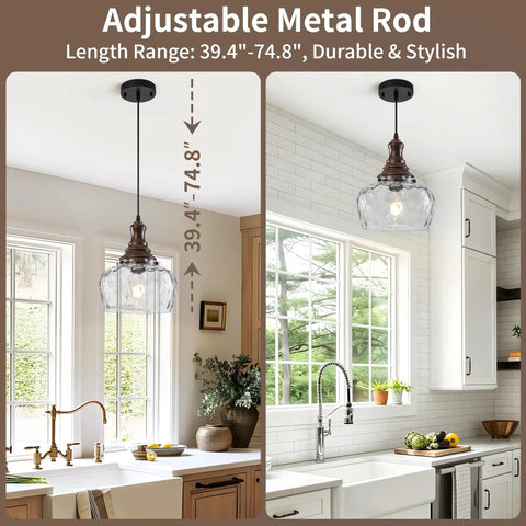 Vintage Glass Pendant Light Kitchen Island with Walnut Wood 9.8in, adjustable metal rod from 39.4" to 74.8" in a stylish kitchen.