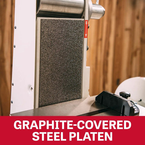 Close-up of graphite-covered steel platen on Heavy Duty 6 By 48 Inch Belt And 12 Inch Disc Sander With Closed Stand One Point Five Horsepower.