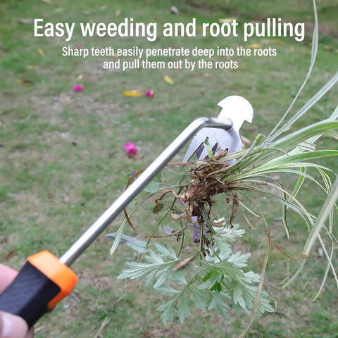 Weed Remover Tool With Rubber Handle Portable Garden Weeding Tool for Vegetable Gardens shown pulling weeds from grass