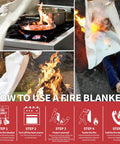 Collage showing 40x40 Inch Fire Blanket For Home And Kitchen 4 Pack Flexible Fiberglass Safety Blanket use instructions